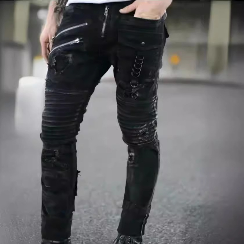 Large quantity discount 2024 European and American cross-border new motorcycle personality jeans Amazon stretch skinny pants men