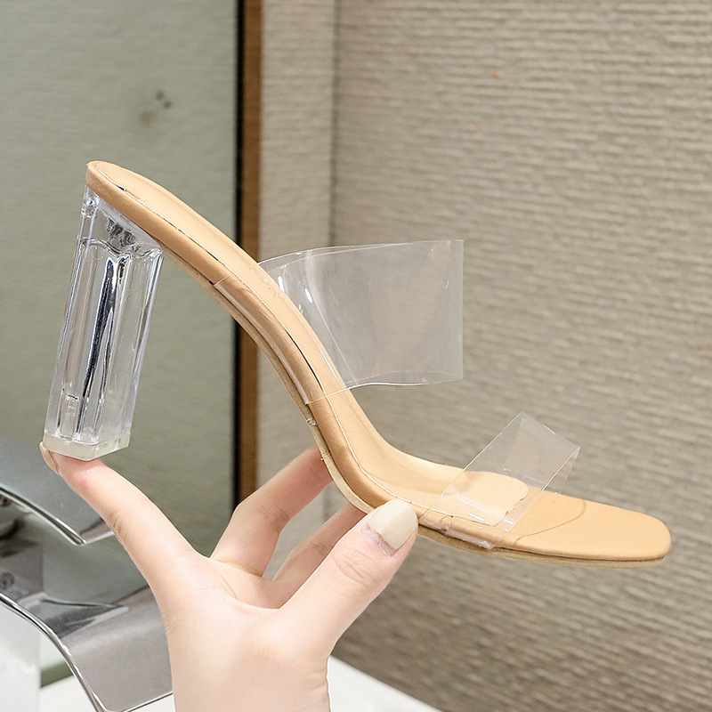 Women's Outdoor Sandals thick heel summer high heel transparent slippers crystal heel half slippers