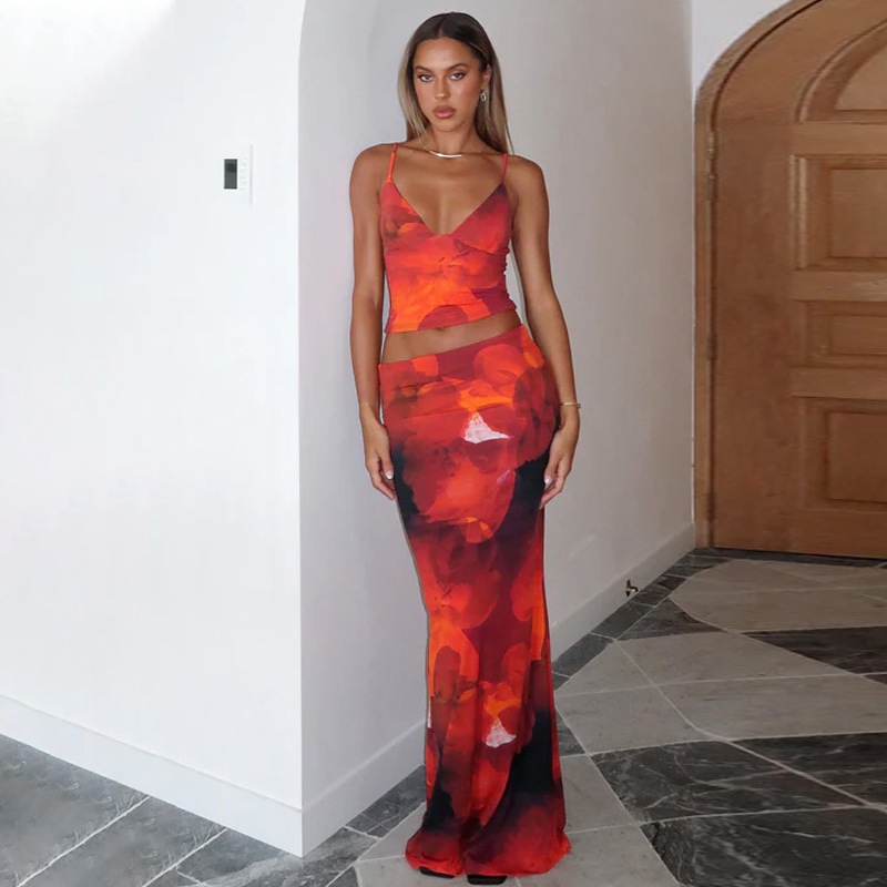 European and American women's 2025 summer new fashion printing sexy V-neck small vest slim skirt suit wholesale