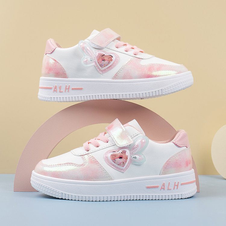 Girls' Spring and Autumn 2023 new full leather cartoon wings injection white shoes casual shoes medium and large children's board shoes