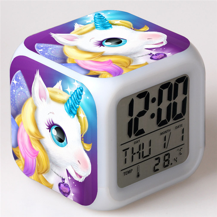 Cross-border e-commerce hot sale supply unicorn colorful alarm clock square clock student children creative gift color changing alarm clock