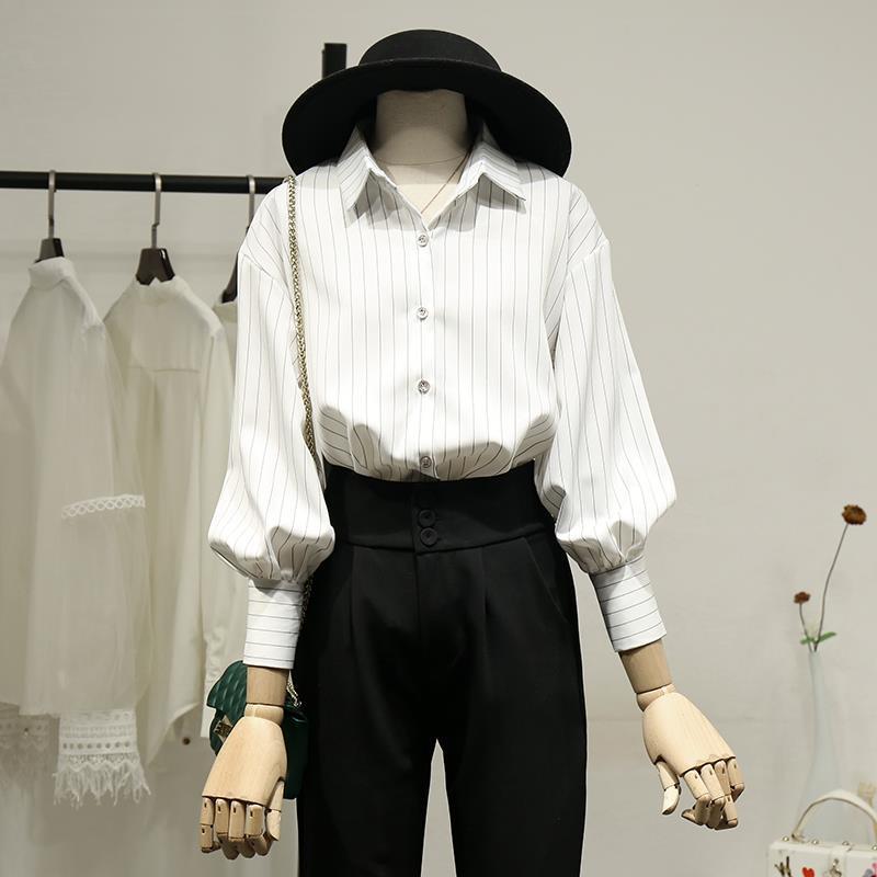 2024 new women's striped shirt design sense niche temperament retro Hong Kong style business wear spring and autumn clothing shirt