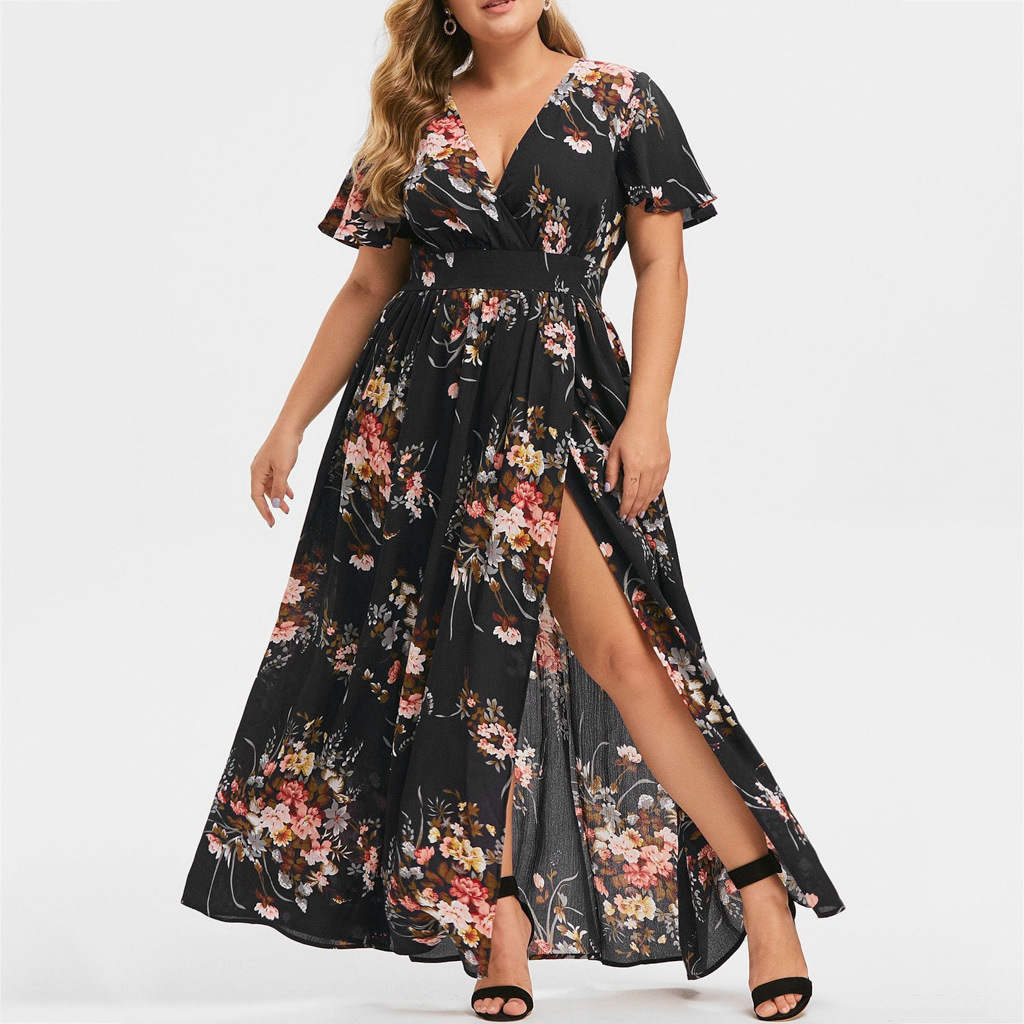 2023 European and American Cross-border Dress Summer New Large Size Women's Clothing Printed Hems Split Printed Dress Factory