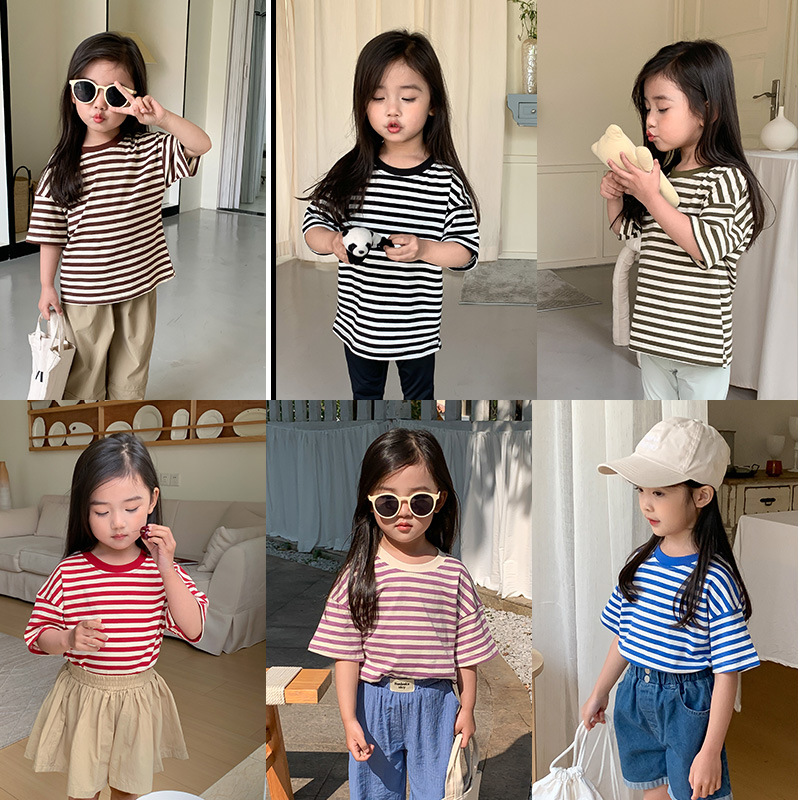 Children's T-shirt 2024 spring boys and girls Korean striped short sleeve children's round neck casual loose top