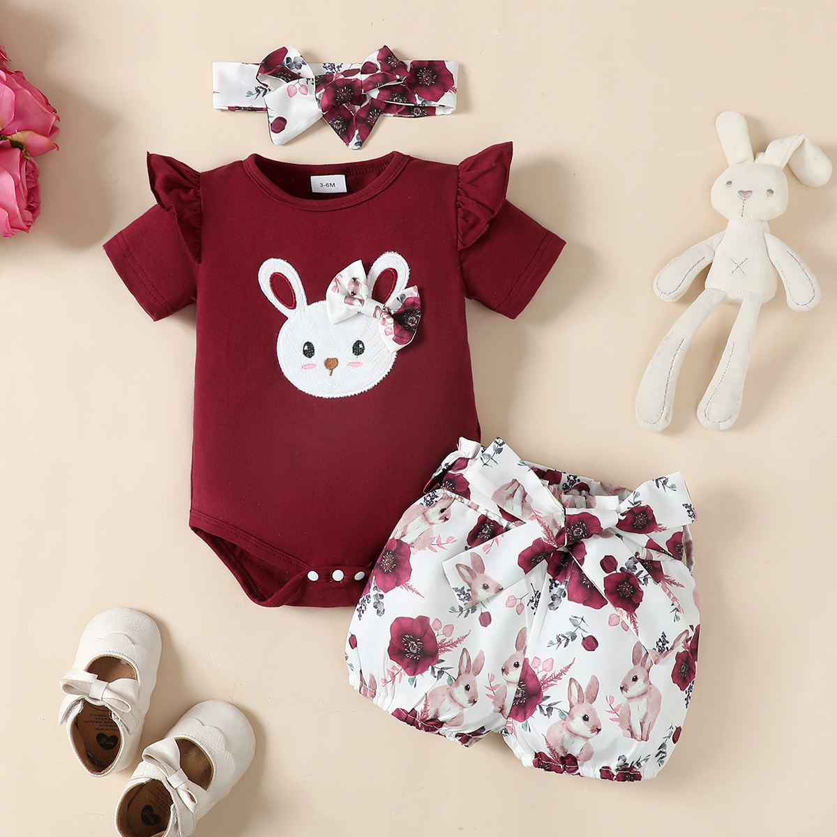 Spring/Summer 2020 new rabbit embroidered flying sleeve romper top + Rabbit printed shorts + headscarf