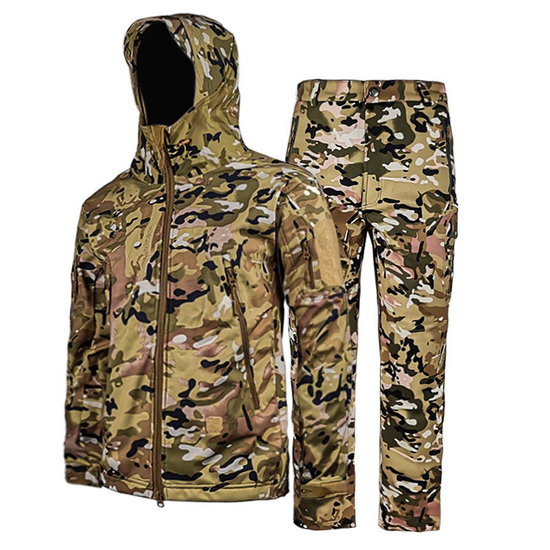 Outdoor sports jacket suit fleece-lined thickened warm jacket pants autumn and winter men's windproof waterproof soft shell coat
