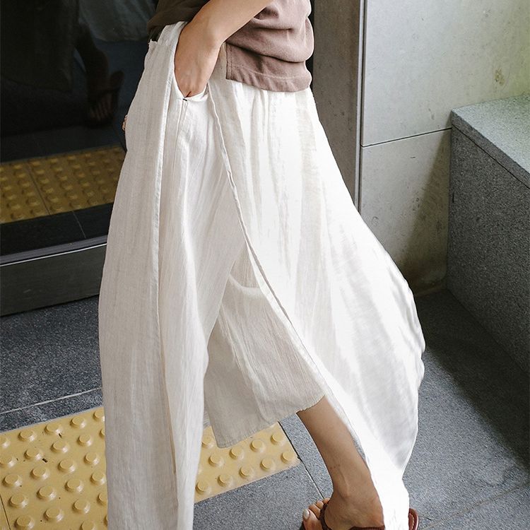 Linen large slit culottes one-piece women's spring and summer loose plus size casual cropped pants fake two-piece cotton linen wide-leg pants skirt