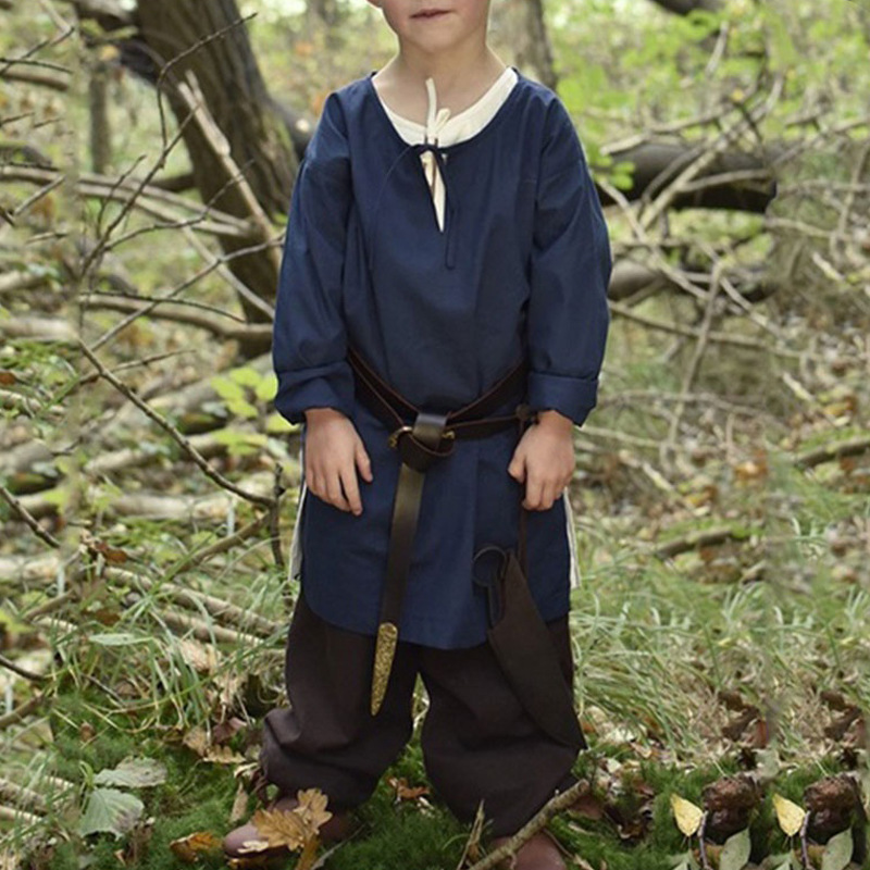 2025 Medieval Boys Sub-summer Linen Shirt Vintage Round Neck Loose Casual Shirt Children's