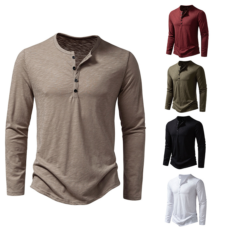2023 Foreign Trade Autumn New Amazon European Size Men's Solid Color Slub Cotton Henry Collar Fashion Long Sleeve T-shirt for Men