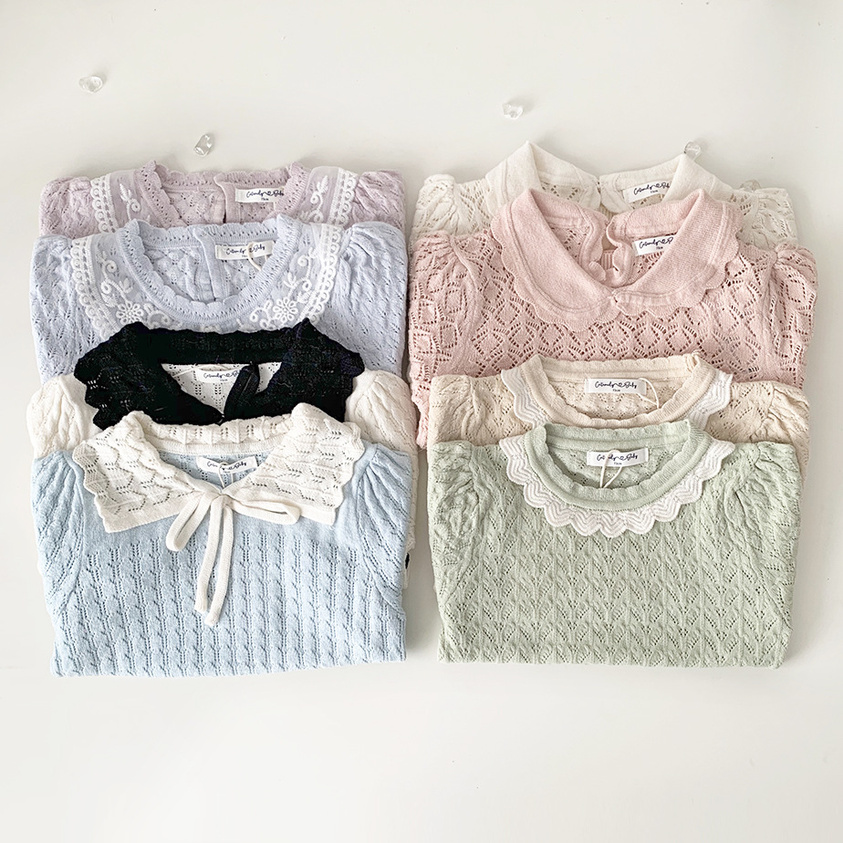 Cutemily summer girls' hollow-out knitted T-shirt contrast color breathable cotton short sleeve round neck lapel T-shirt