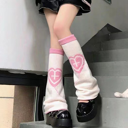 Lolita Wide Leg Socks Love Cross Y2K Girls with Calf Cover Winter Warm Acrylic Knitted Socks_voghion.com