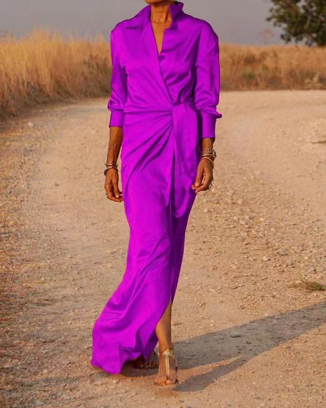 Autumn 2022 European and American New Women's Lace-up High Waist Split Floor Dress Long Sleeve Lapel Sexy Dress