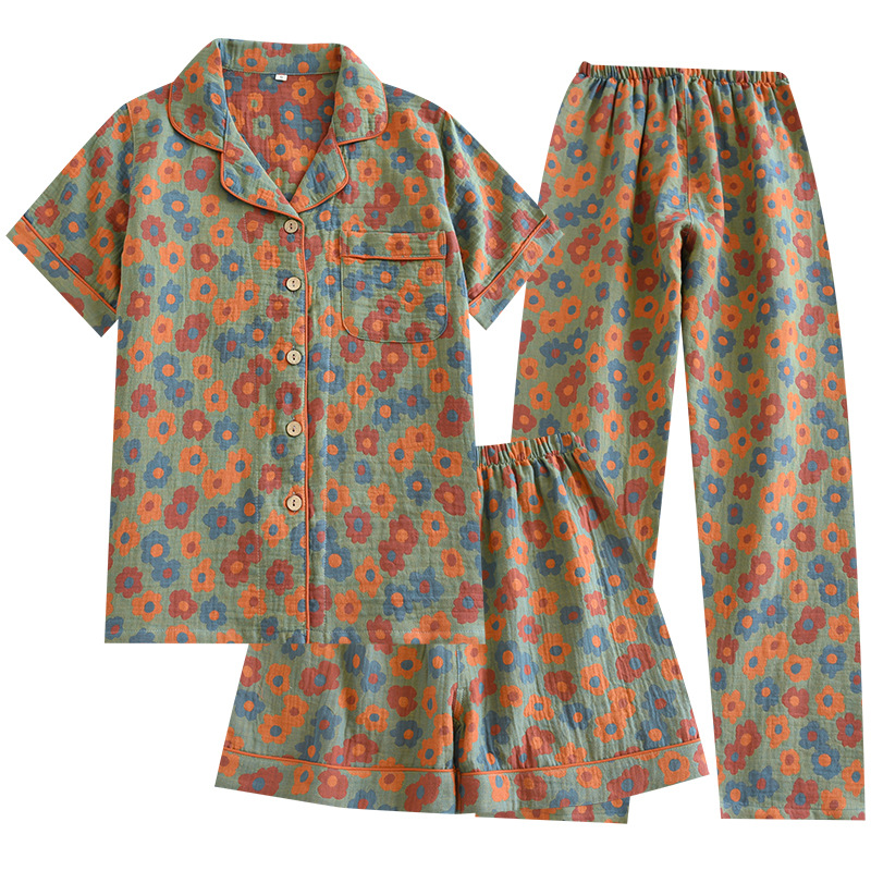 Retro printed pajamas three-piece set spring and summer cotton gauze thin short-sleeved shorts trousers home wear suit