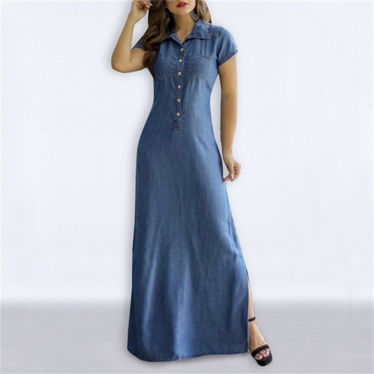 2023 European and American Cross-border New Long Dress Shirt Collar Split Pocket Large Dress Large Size Casual Denim Dress