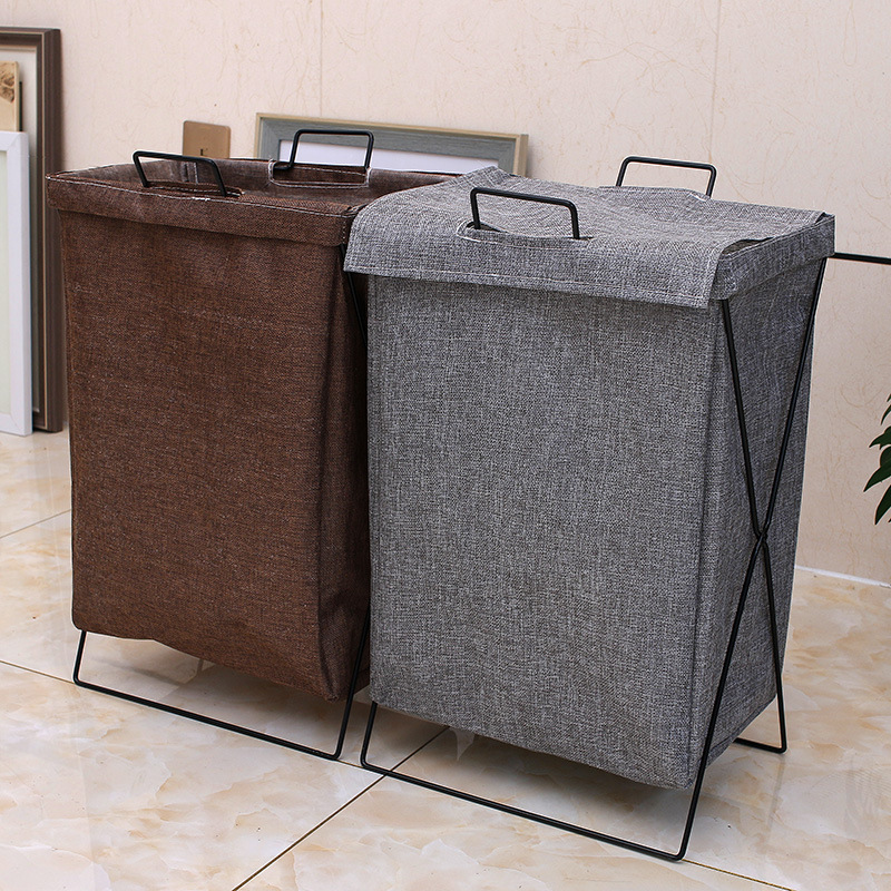 Waterproof cotton linen laundry basket laundry basket clothes storage basket Japanese simple iron bracket fabric folding laundry basket bucket