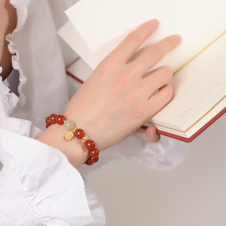 Natural Red Agate Bracelet Female Hetian Jade Bracelet Benmingnian Red Bean Antique Transfer Bead Acacia Bean Jewelry