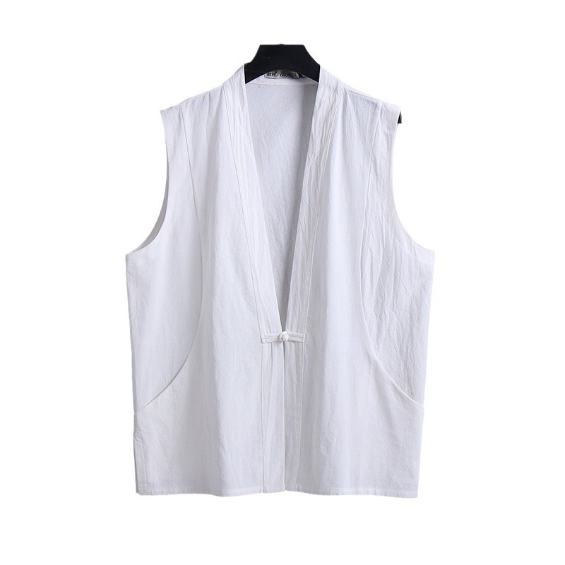 Summer Thin Linen Sleeveless Vest Men's Chinese Style Cotton and Linen Buckle Vest Vintage Chinese Style Tang Coat Loose Waistcoat