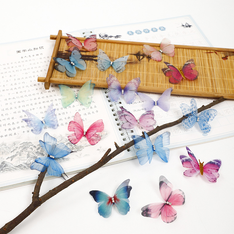 Double-layer three-dimensional diamond simulation printing moving tulle butterfly dream artistic clothes decorative bouquet butterfly accessories