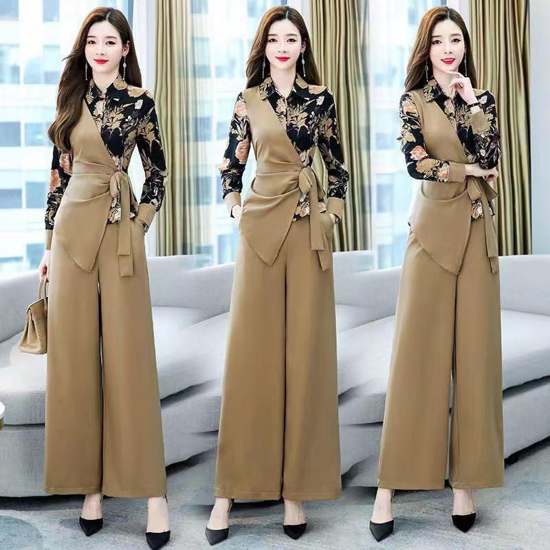 European Station 2023 Spring and Autumn New Fashion Age-reducing Western Style Elegant Two-piece Hong Kong-style Wide-leg Pants Set for Women