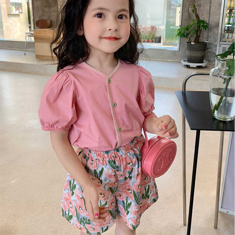 女童套裝泡泡袖甜美上衣加花朵短褲24夏裝新款外貿童裝代發3-8歲