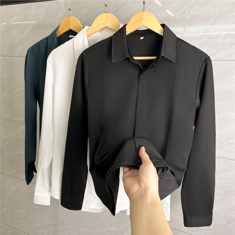 Autumn seamless hidden buckle white shirt men's draping long sleeve hair stylist pure white loose casual chiffon shirt fresh