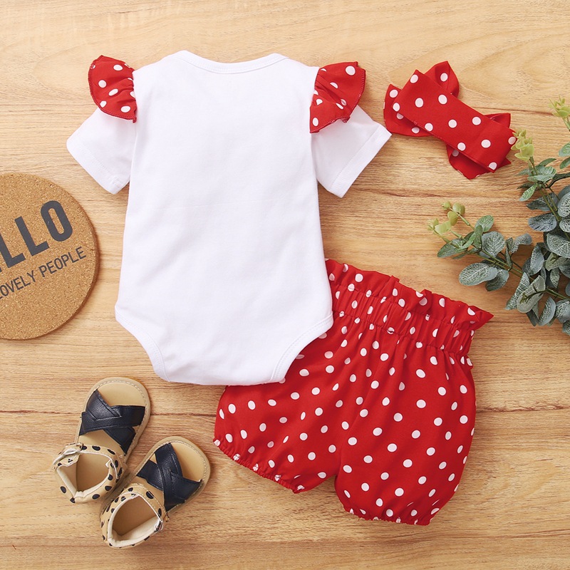 2022 Cross-border Spring and Summer New Suit Love Short Sleeve Hapi Po Dot Shorts Turban Three-piece Set in Stock