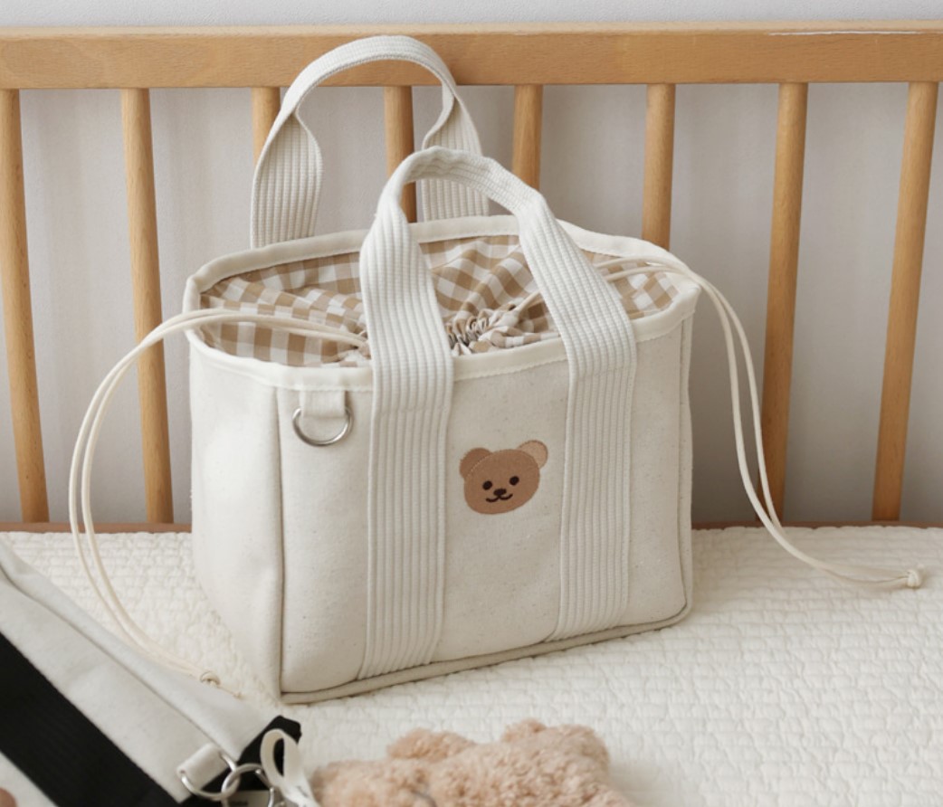 Korean Style ins Drawstring Storage Multi-Functional Portable Baby Walking Baby Bag Embroidered Bear Canvas Bag Lightweight Outgoing Bag