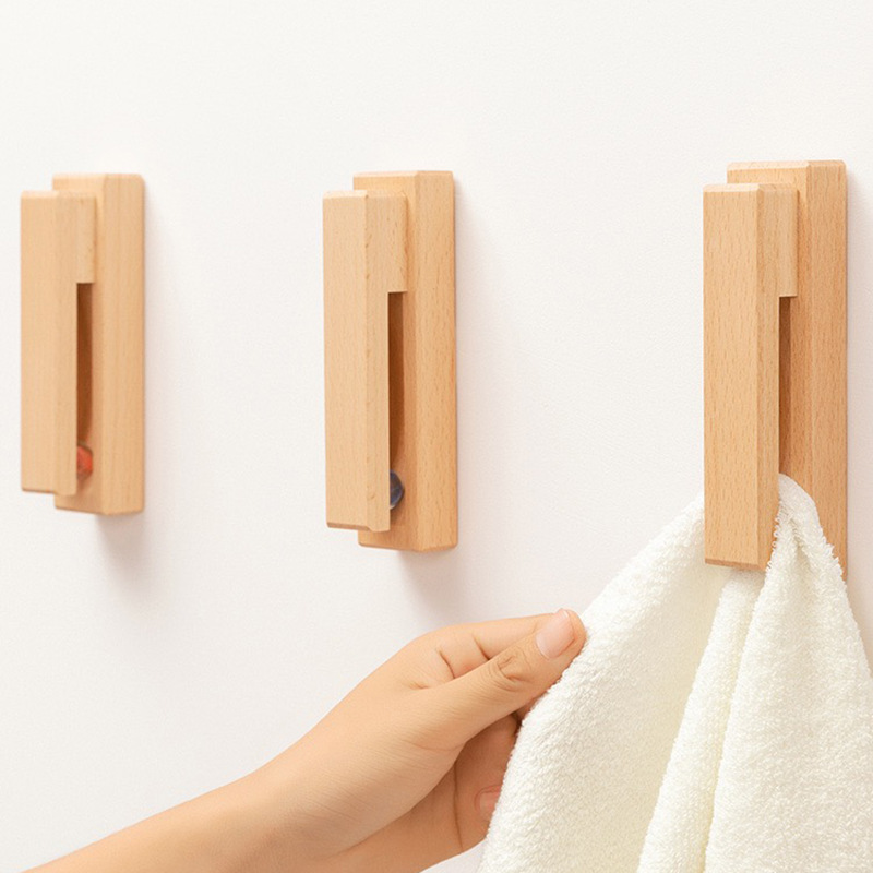 In stock Nordic wooden hook simple coat and hat towel rack solid wood punch-free door rear sticky hook wall-mounted hook