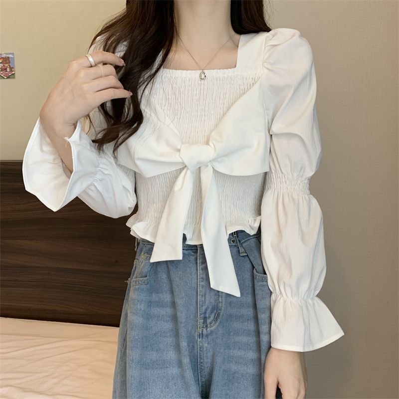2024 New French style niche short long sleeve shirt design slim fit slimming bow bottoming shirt top for women