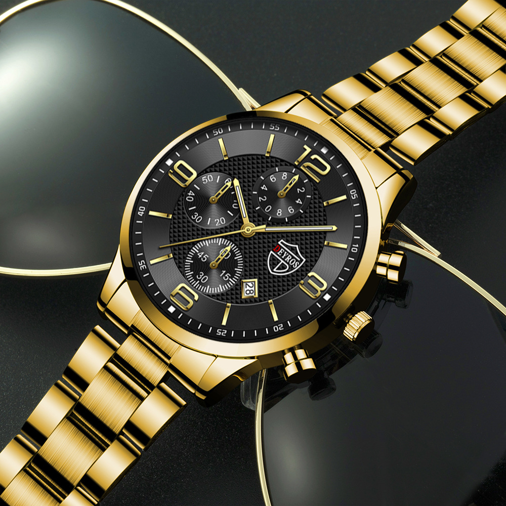 DEYROS Cross-border Explosions Fashion Calendar Watch Men's Stainless Steel Watch Student Fake Three-eye Luminous Quartz Watch