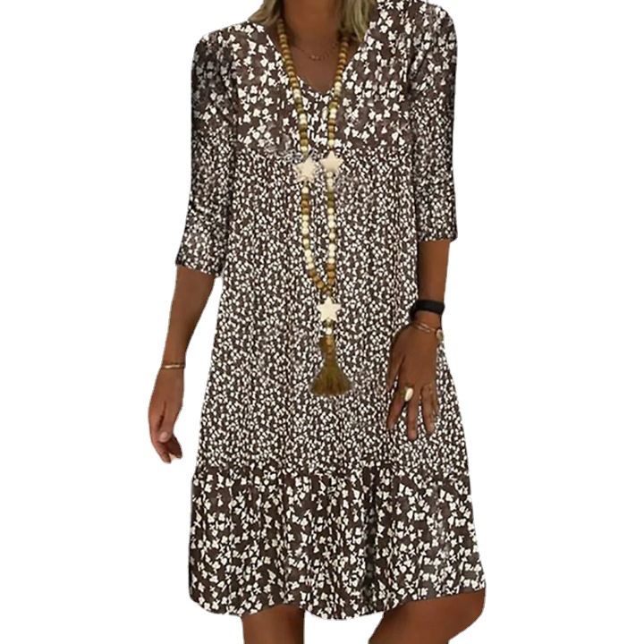 2024 Summer New Printed Mid-sleeve V-neck Mid-length Dress for Women