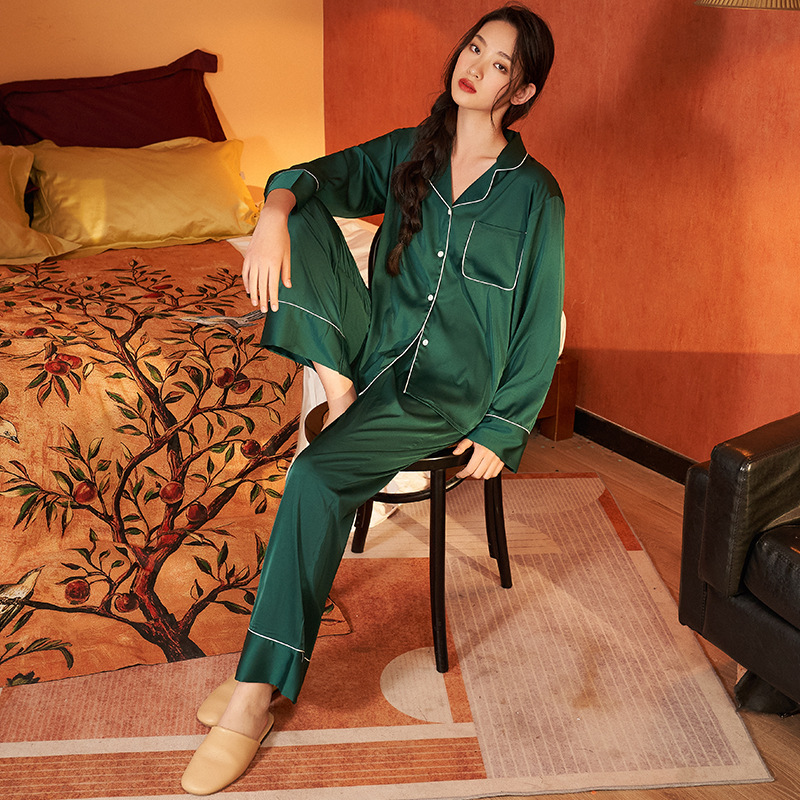 Yaoting Satin Chiffon Pajamas Long Sleeve Trousers Home Clothes Set Retro Women Pajamas Wholesale pajama2062