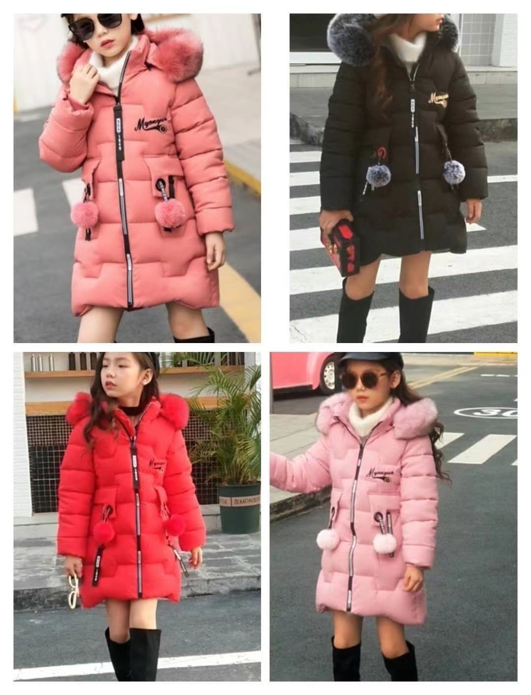 Winter New Girls' Cotton-padded Clothes European and American Middle and Big Children's Thickened Fleece-Lined Children's Mid-Length Waist Wool Collar Cotton-padded Coat