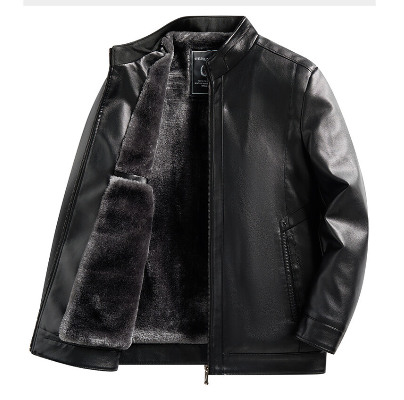 2023 Winter new men's stand collar fleece-lined leather coat men's coat winter thickened leather coat warm