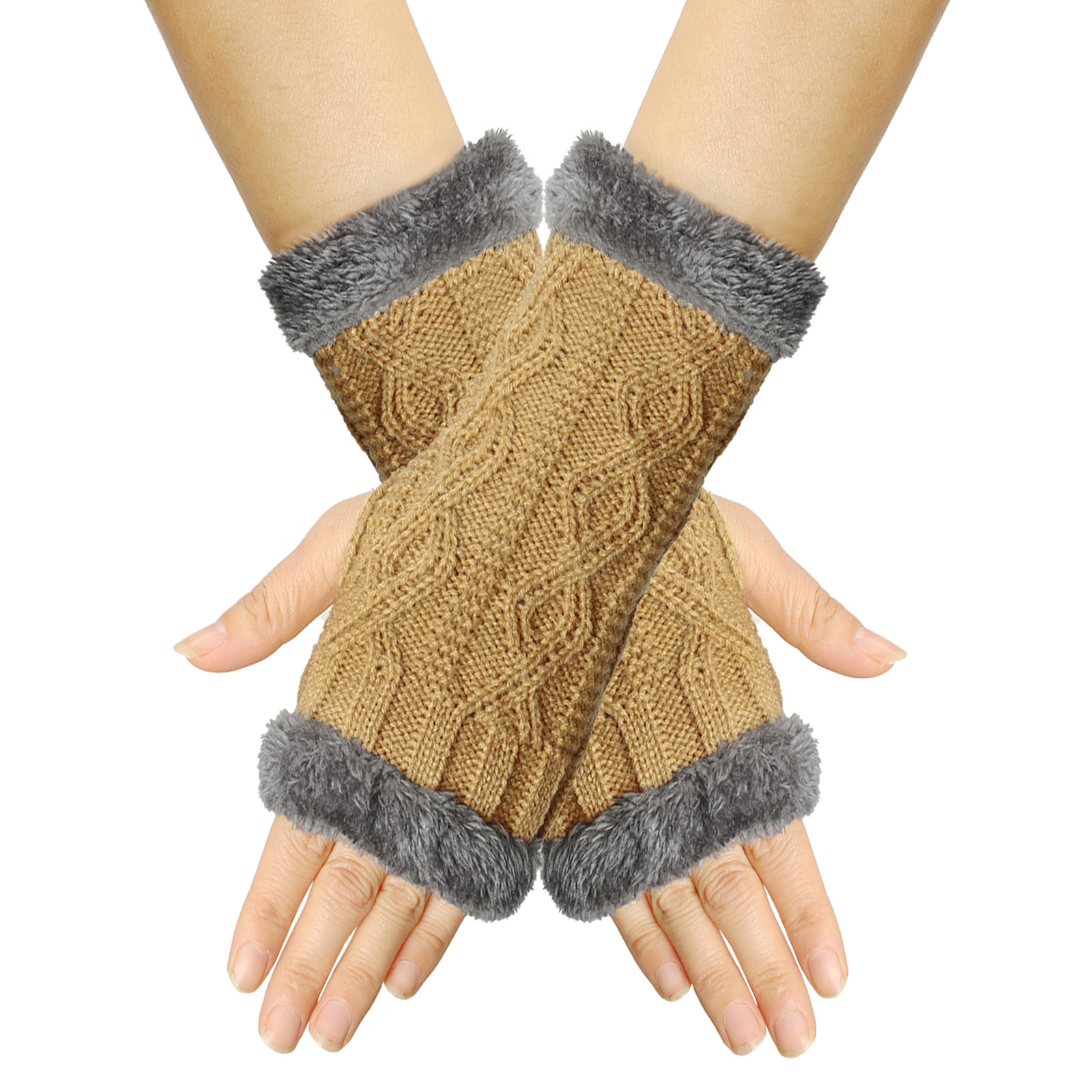 Cross-border cashmere thickened knitted wool gloves autumn and winter diamond-shaped missing finger sleeve Europe and the United States warm thick Mao Mao short gloves