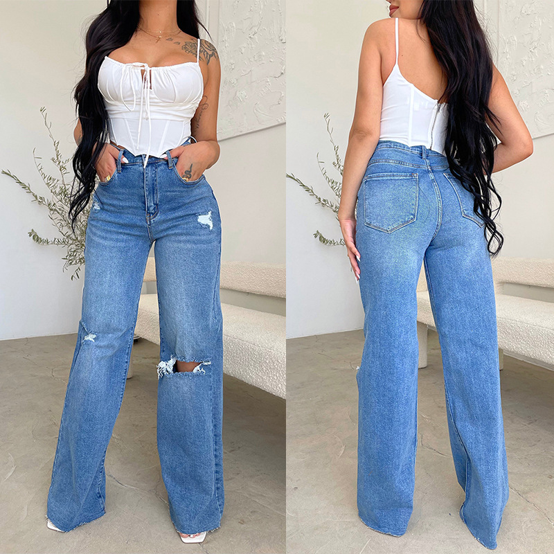 Factory direct Amazon ladies jeans long high waist ripped Burr selling European and American style comfortable wide leg pants