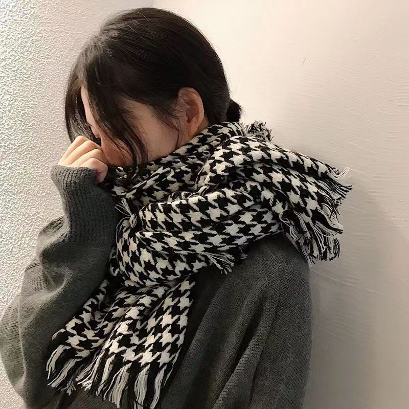 Houndstooth knitted scarf for women winter Korean style versatile student shawl outer wear warm scarf set classic fashion brand