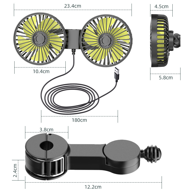 Car supplies car fan strong 12V24V universal car rear seat back USB interface double-headed electric fan