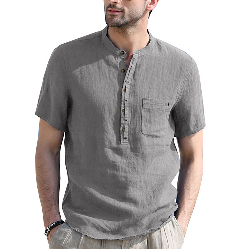 Foreign trade cross-border men's clothing Henry collar solid color short-sleeved shirt Amazon European and American men's cotton and linen shirt wholesale supply