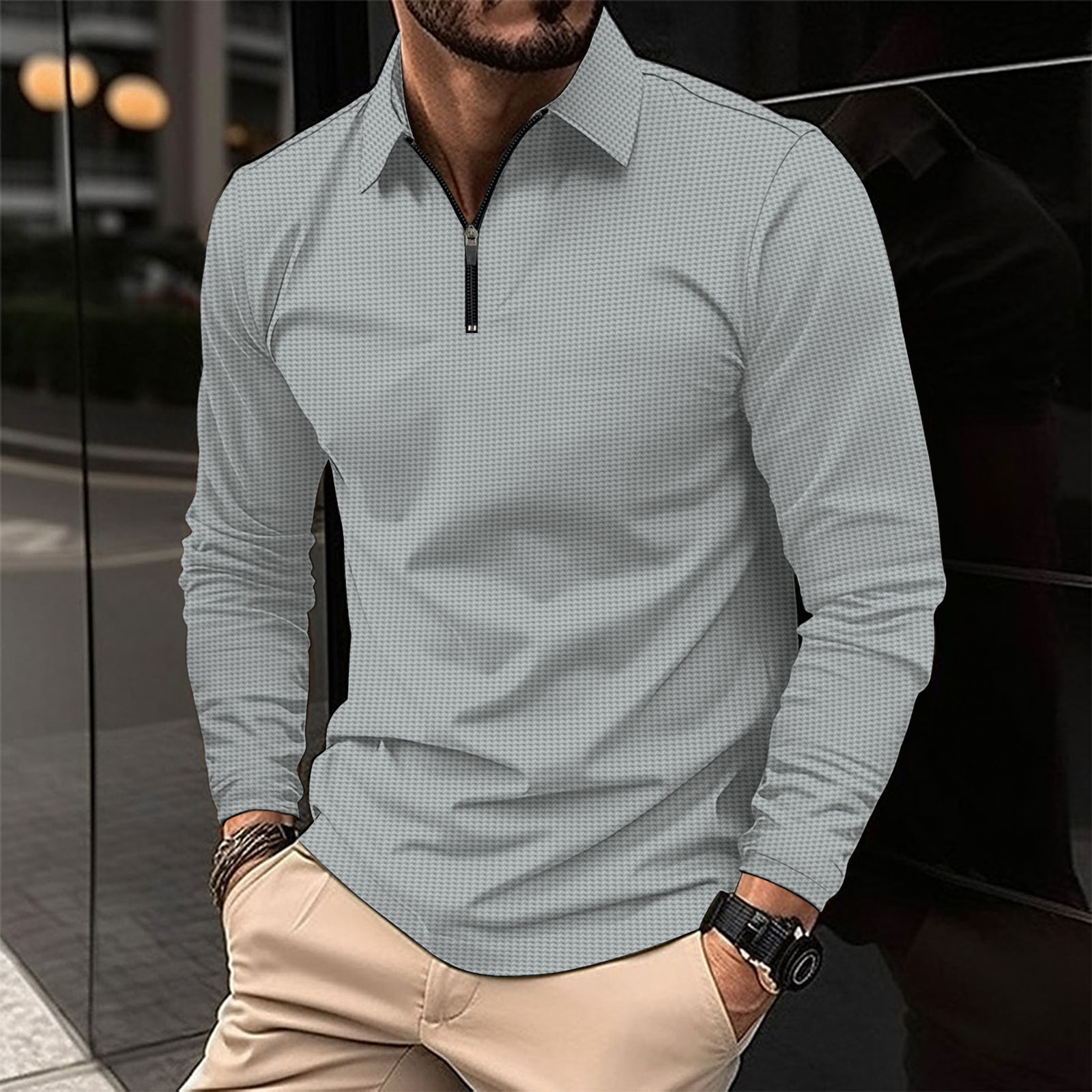 New independent station ebay cross-border European and American men's lapel fashion solid color waffle long sleeve men's T-shirt POLO