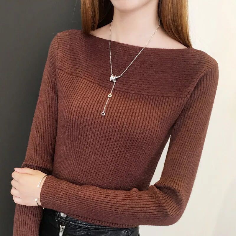 Slim-fit Sweater Women's 2023 Spring New Stylish Tight One-line Collar Long-sleeved Inner Base Sweater