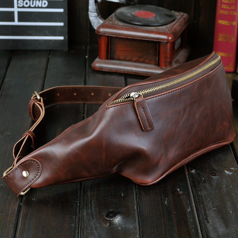 New waist bag men's casual crossbody chest bag Crazy Horse Leather large capacity cashier phone bag casual retro men's bag