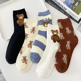 Korean 2025 new cute plush teddy bear Korean version mid-tube socks sweet bear cartoon cotton socks