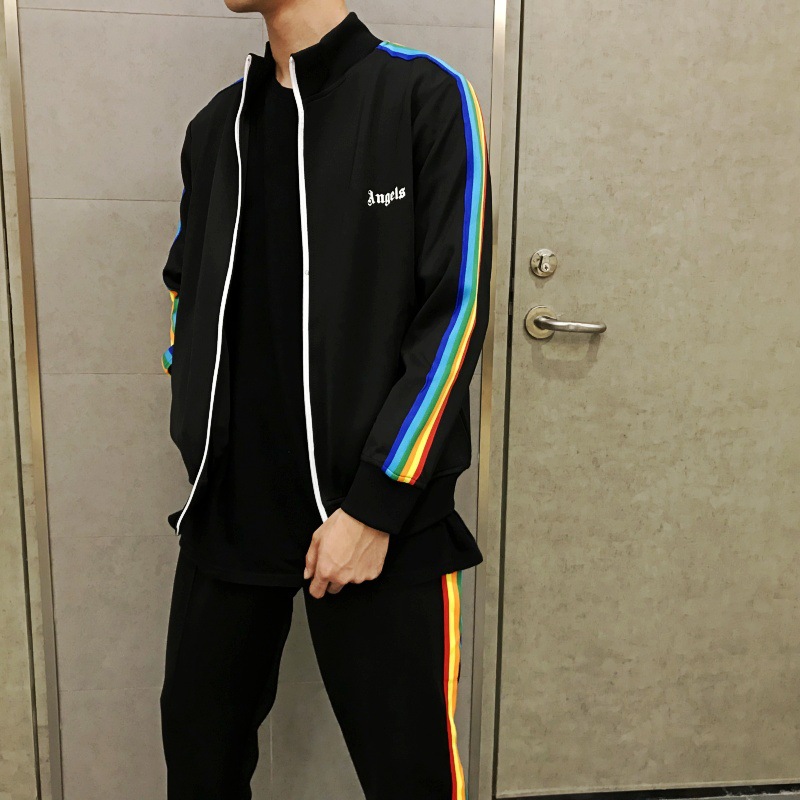 Foreign Trade Correct Edition PA Fashion Brand Rainbow Stripe Ribbon Zipper Jacket Palm Tree Retro Sports Jacket School Uniform for Men