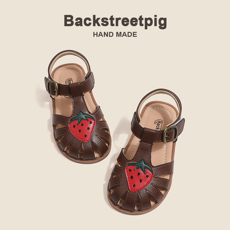 Children's Sandals 2024 Summer Sweet Strawberry Beach Sandals Casual Non-slip All-match Girls Shoes Leather Baby Sandals