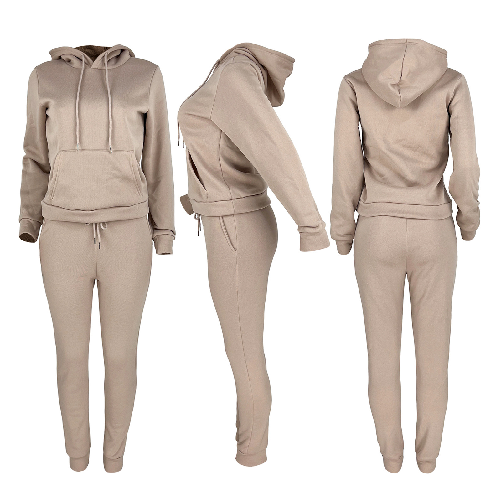 HR8197 European and American women's clothing  independent station supply autumn and winter plus velvet drawstring hooded two-piece set_voghion.com