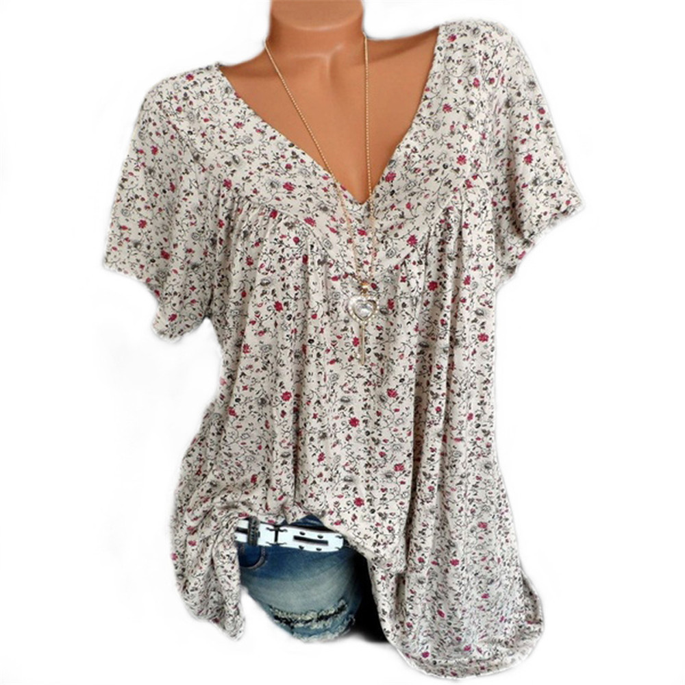 New Cross-border European and American Women's 2022 Summer Wish Amazon ebayV Collar Loose Short-sleeved Printed T-shirt