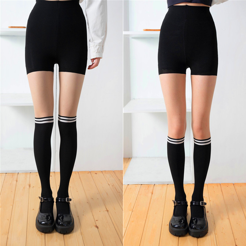 Japanese Striped Cuff Socks Women's Spring and Autumn Fake Flesh Stitching Silk Stockings Pantyhose Velvet jk Long Knee Socks