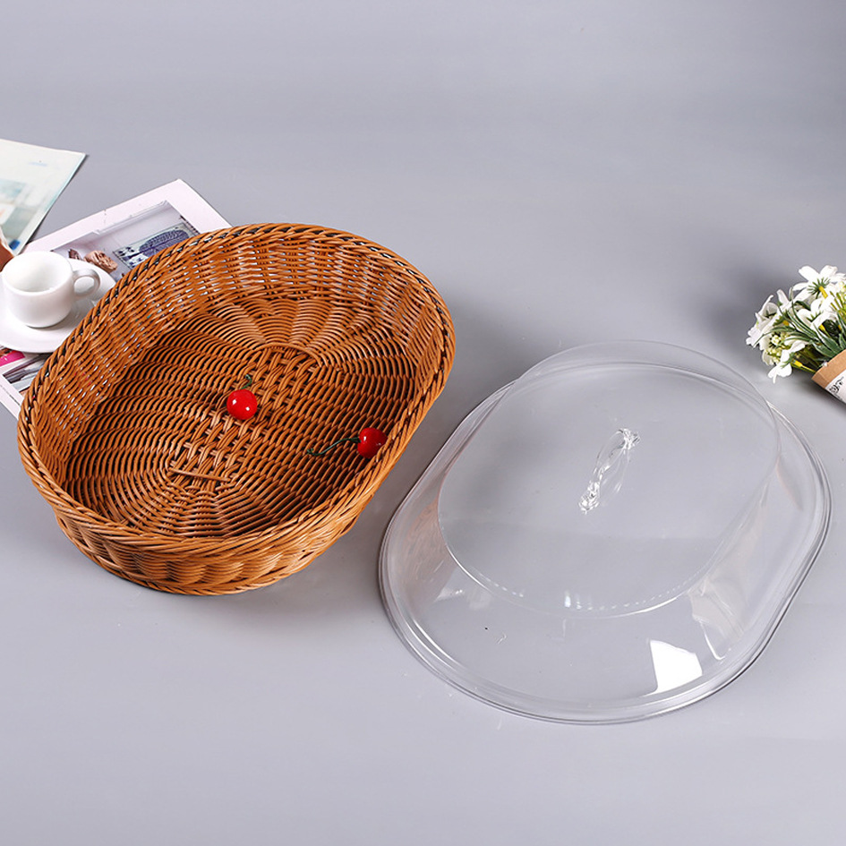 Imitation Rattan Bread Basket Vegetable Draining Basket Dried Fruit Plate with Acrylic Lid Oval Hand-woven Basket Acrylic Anti-woven