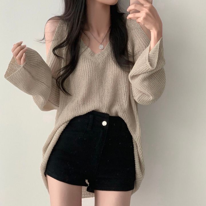 South Korea chic elegant V-neck off-shoulder loose lazy versatile casual sun protection solid color long sleeve sweater women's top_voghion.com
